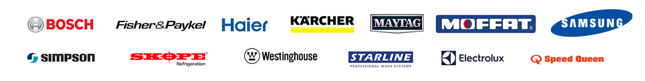 Image showing logos for Bosch, Fisher & Paykel, Haier, Karcher, Maytag, Moffat, Samsung, Simpson, Skope Refrigeration, Starline, Electrolux and Speed Queen